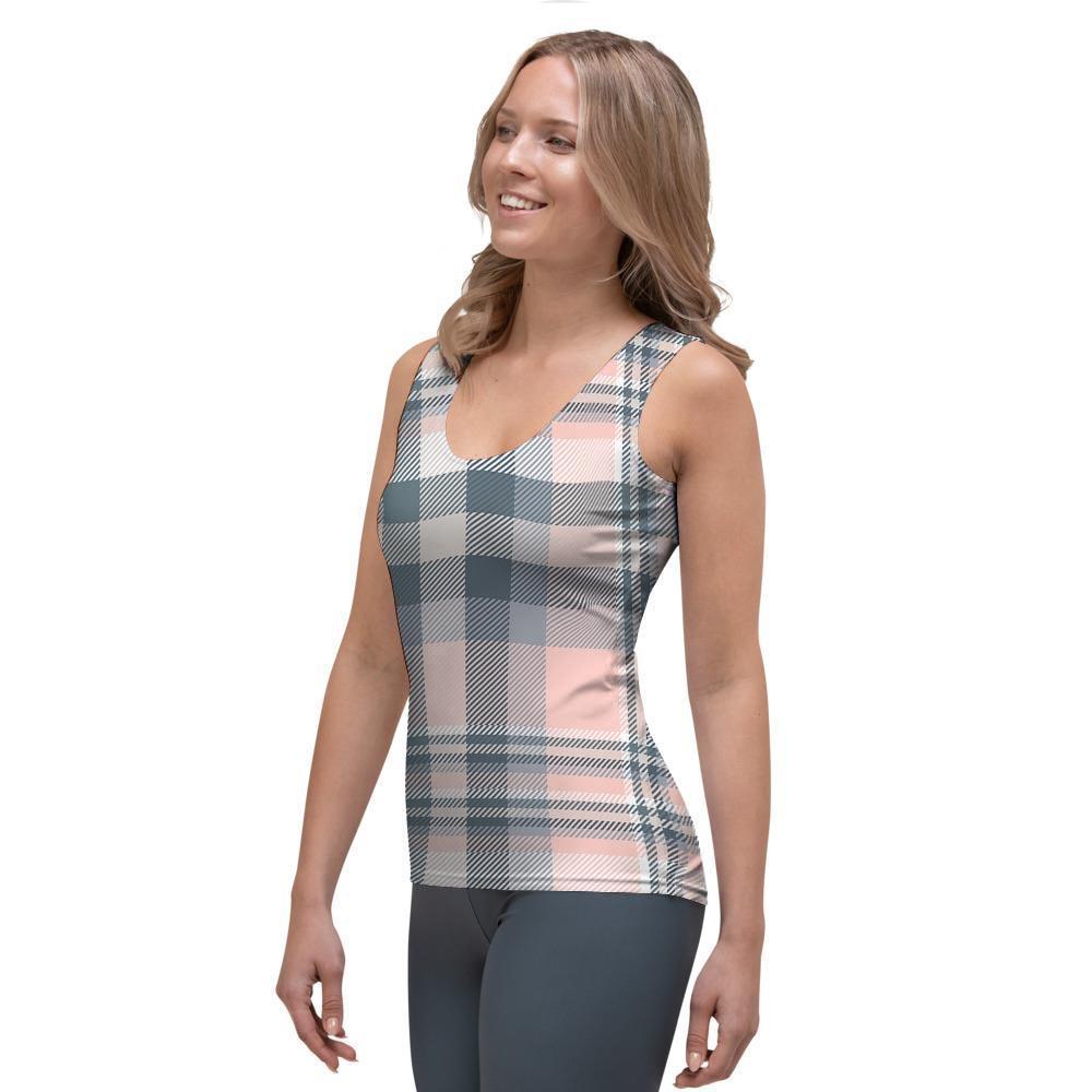 Pink Grey Plaid Tartan Women's Tank Top-grizzshop