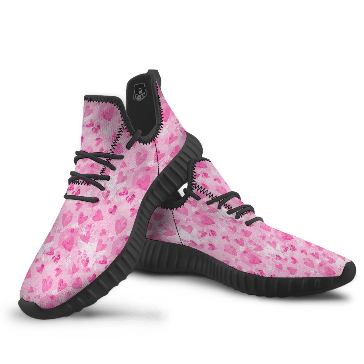 Pink Heart Cute Print Pattern Black Walking Shoes-grizzshop