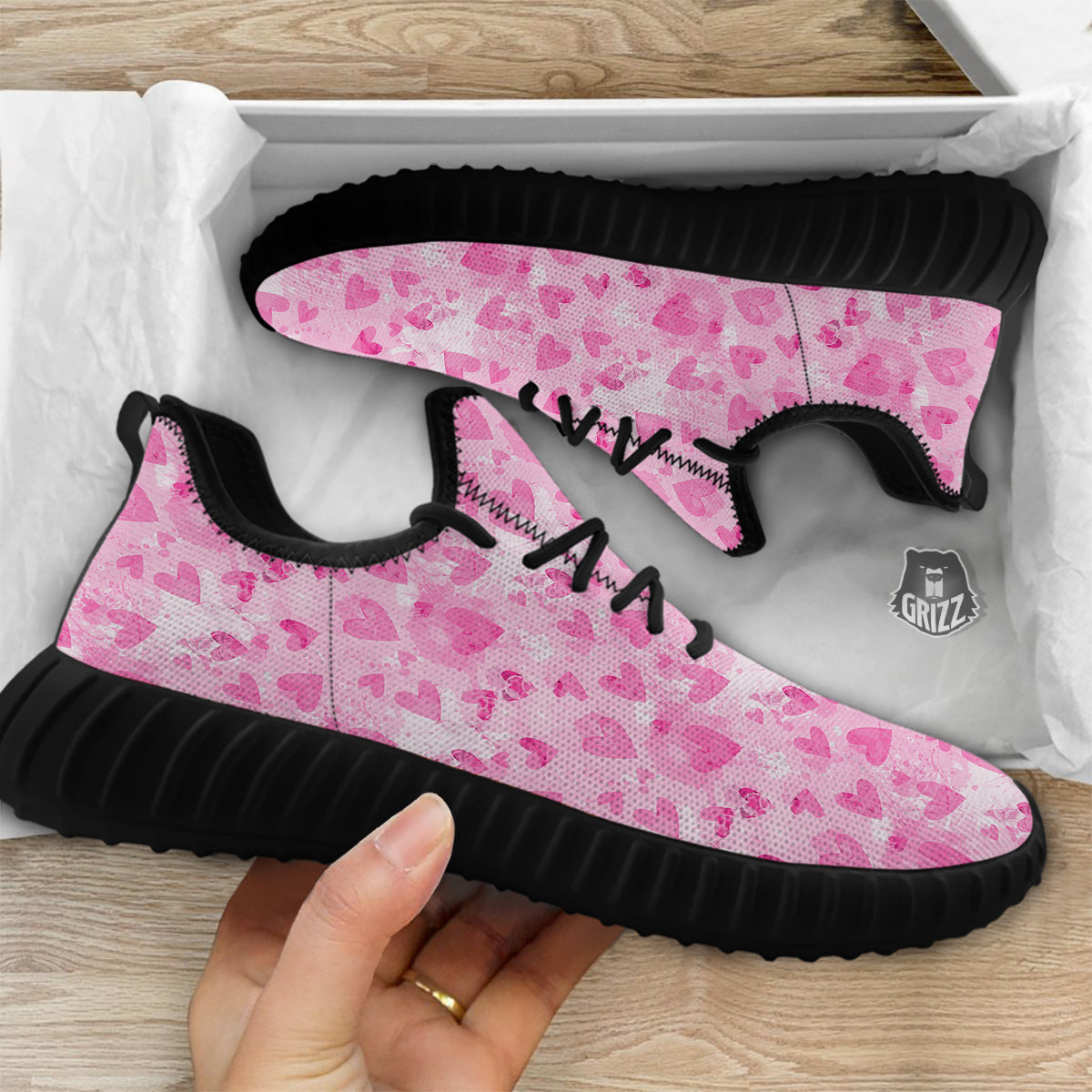 Pink Heart Cute Print Pattern Black Walking Shoes-grizzshop