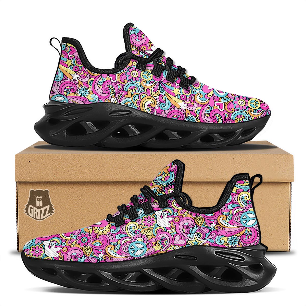 Pink Hippie Psychedelic Black Running Shoes-grizzshop