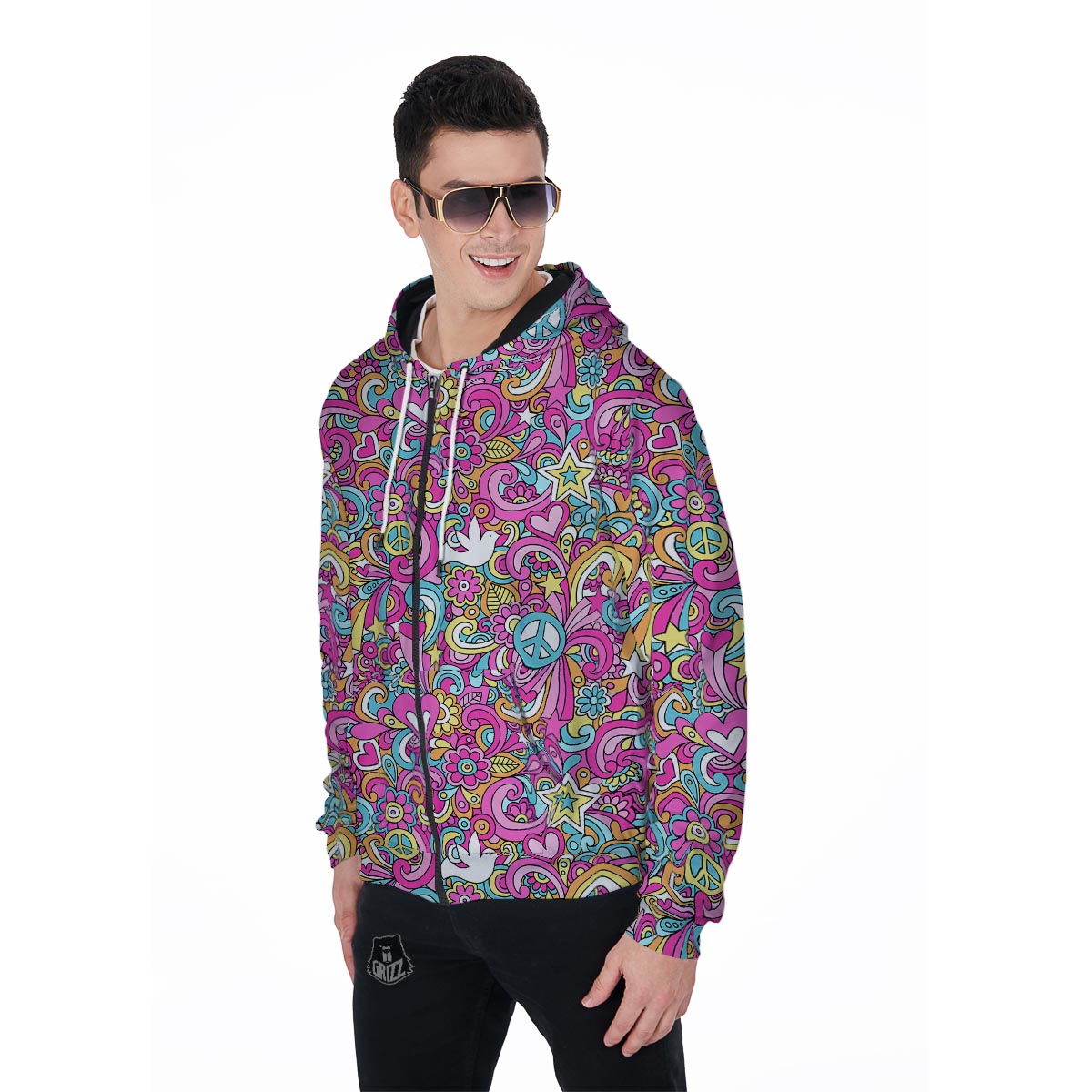 Pink Hippie Psychedelic Men's Zip Up Hoodie-grizzshop