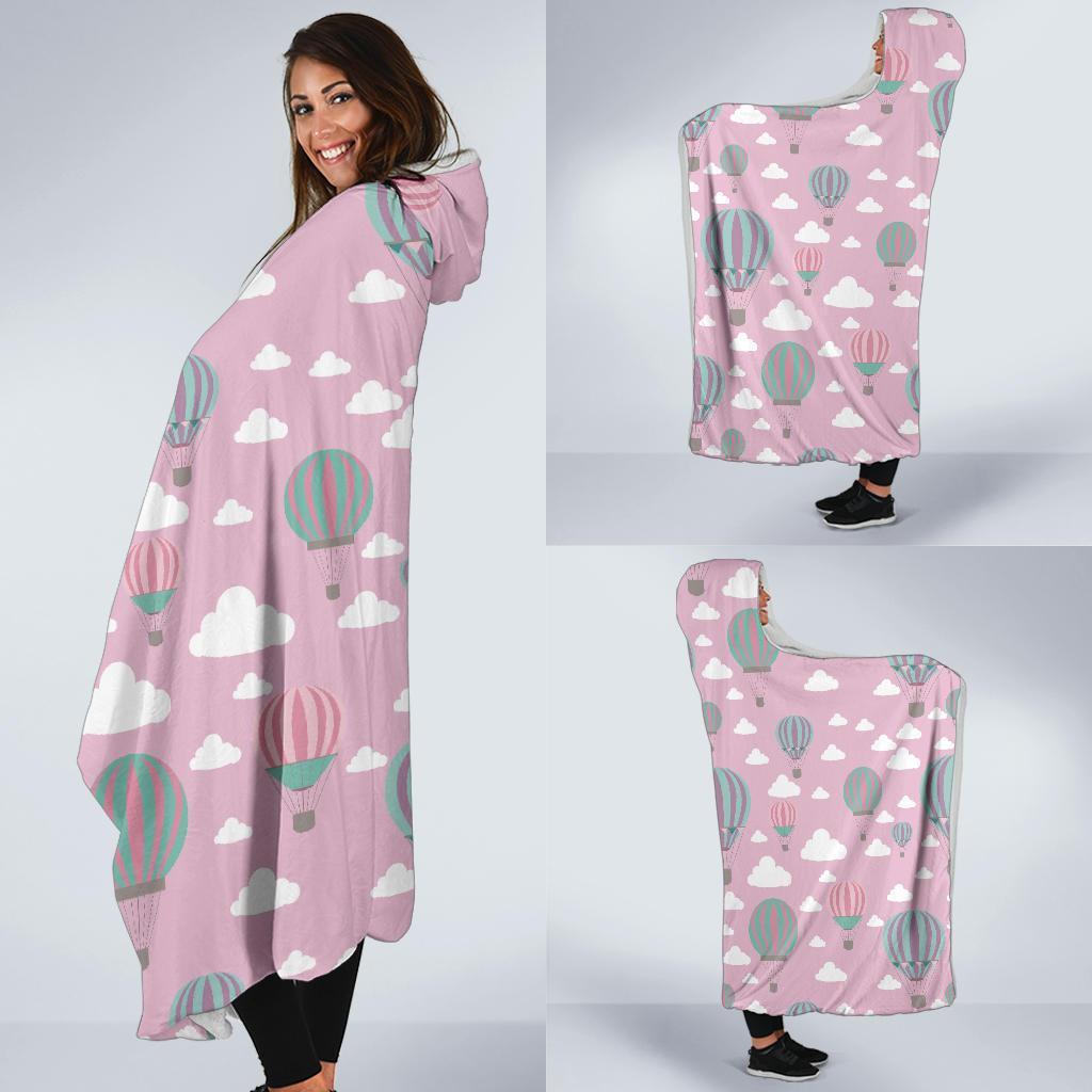 Pink Hot Air Balloon Pattern Print Hooded Blanket-grizzshop