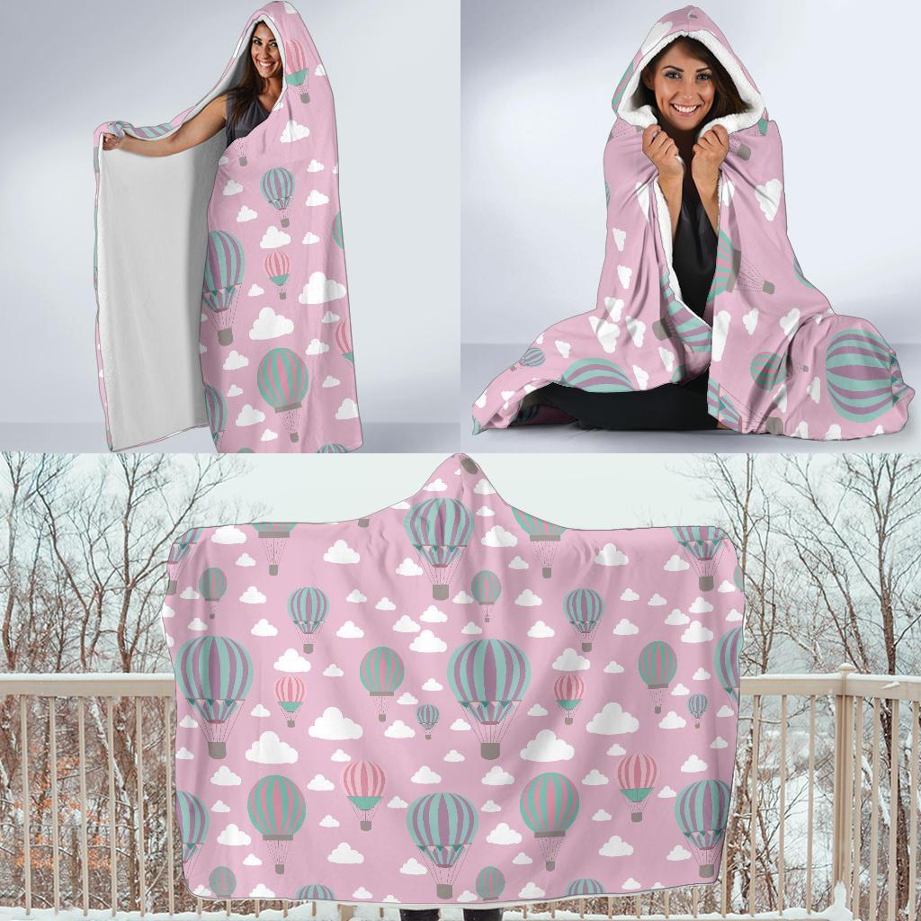 Pink Hot Air Balloon Pattern Print Hooded Blanket-grizzshop
