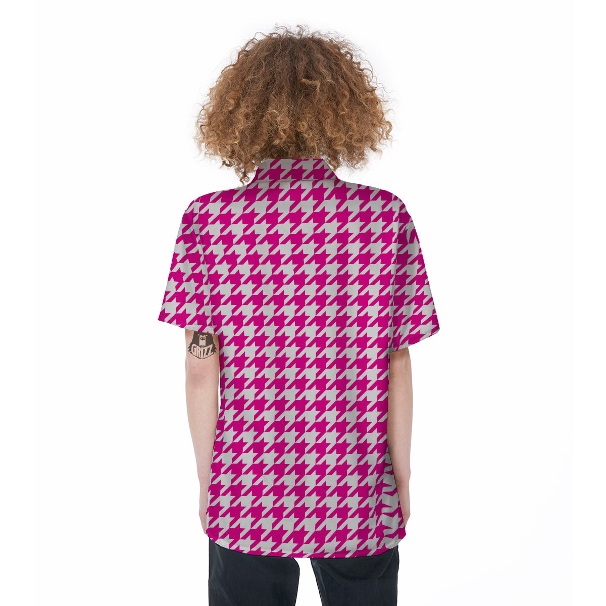 Pink Houndstooth Print Women's Short Sleeve Shirts-grizzshop