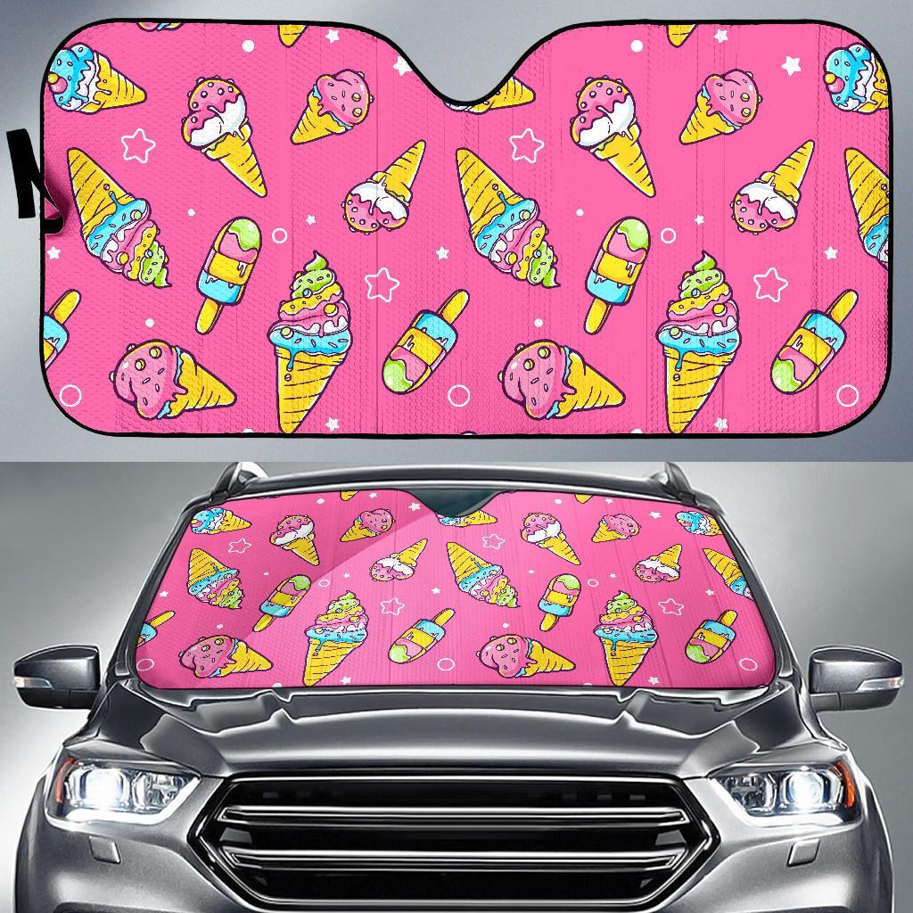 Pink Ice Cream Cone Pattern Print Car Sun Shade-grizzshop