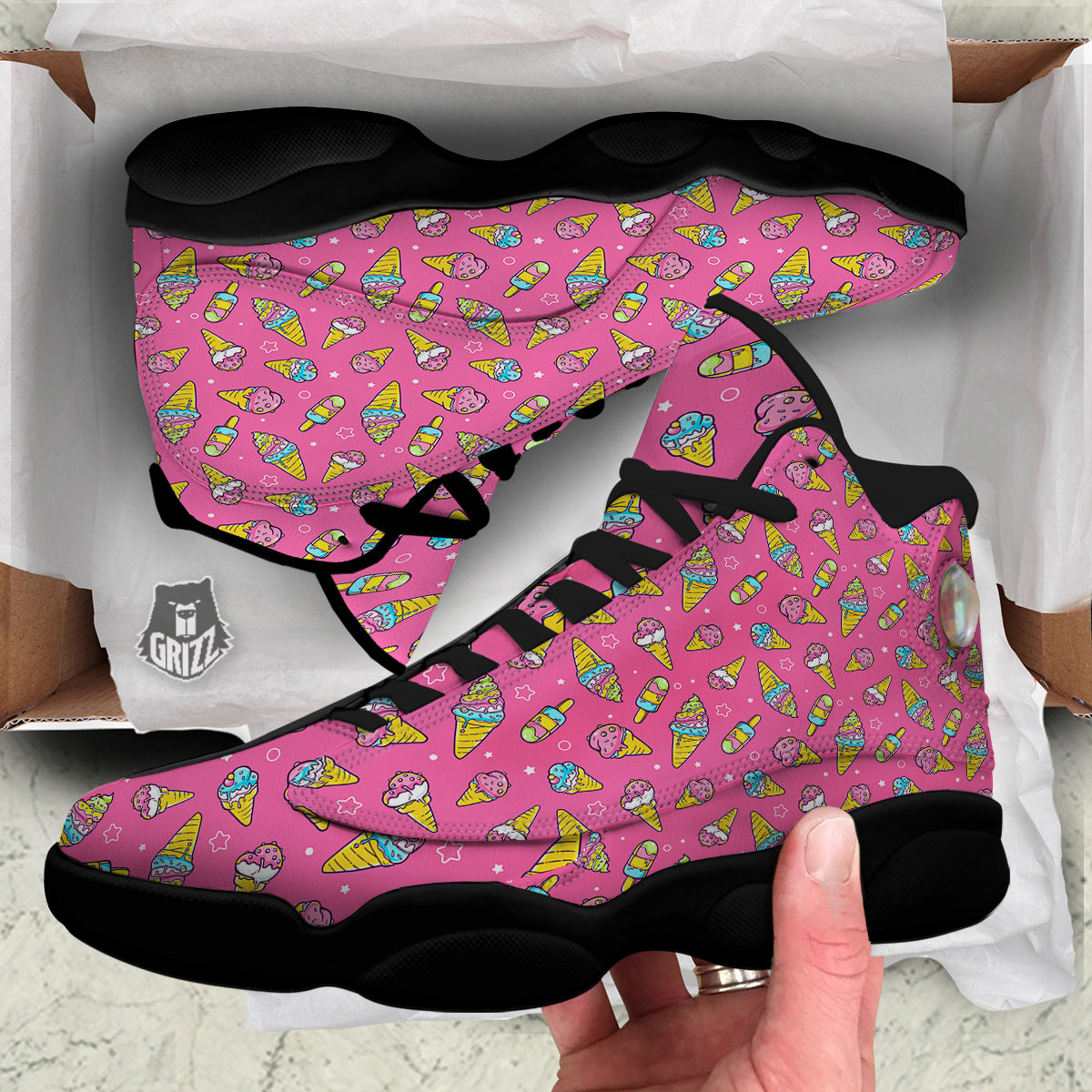 Pink Ice Creams Cute Print Pattern Black Basketball Shoes-grizzshop