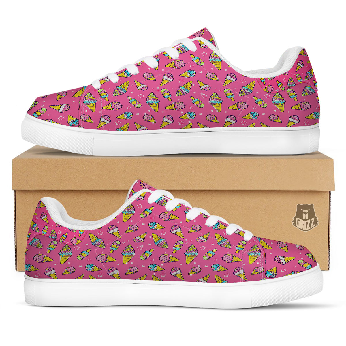 Pink Ice Creams Cute Print Pattern White Low Top Sneakers-grizzshop