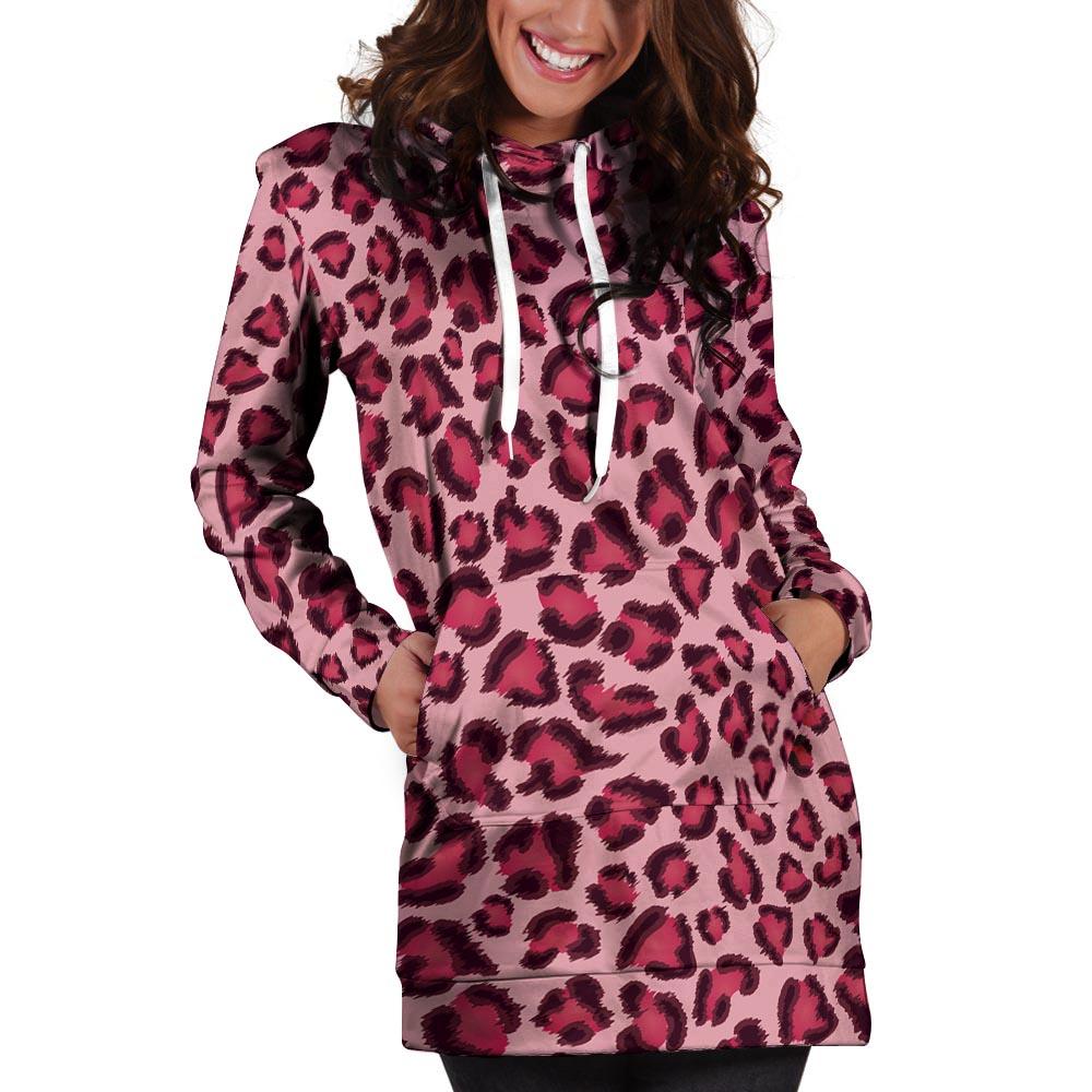 Pink Leopard Print Hoodie Dress-grizzshop