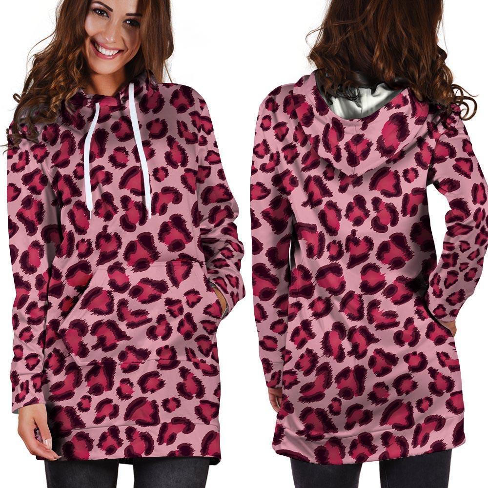 Pink Leopard Print Hoodie Dress-grizzshop