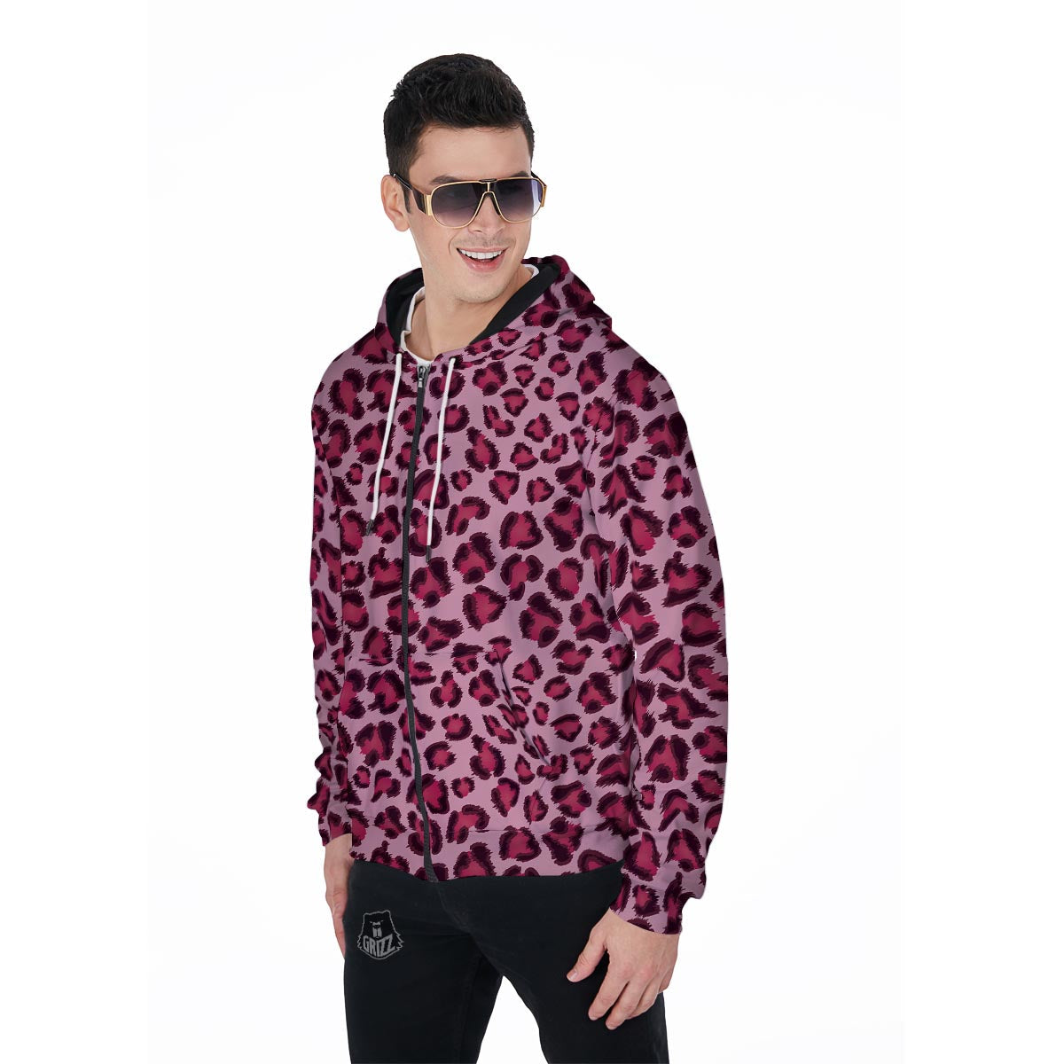 Pink Leopard Print Men's Zip Up Hoodie-grizzshop