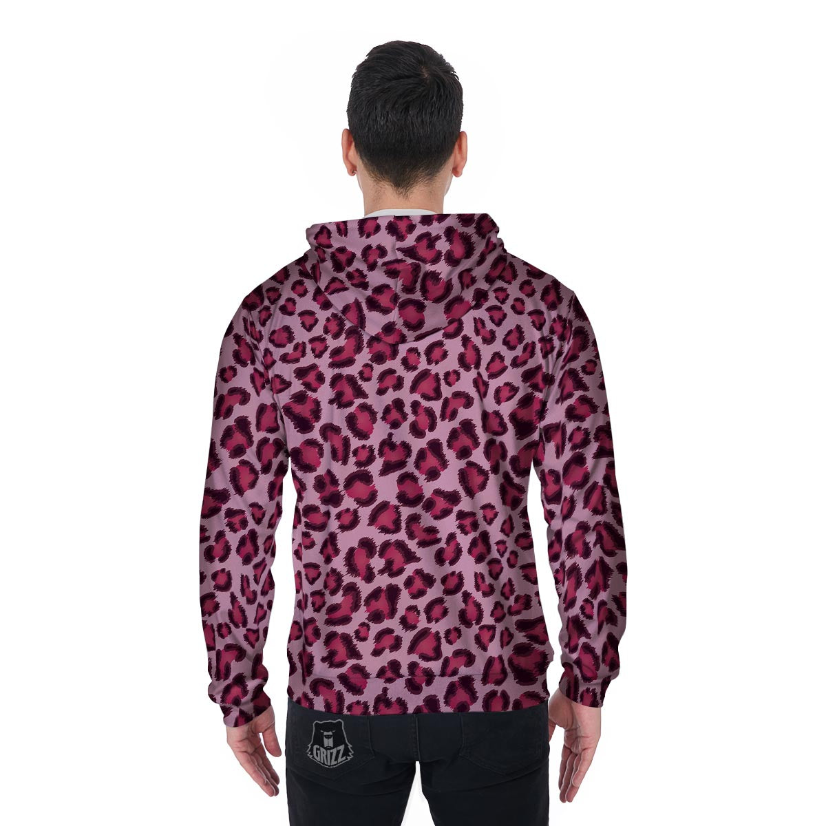 Pink Leopard Print Men's Zip Up Hoodie-grizzshop