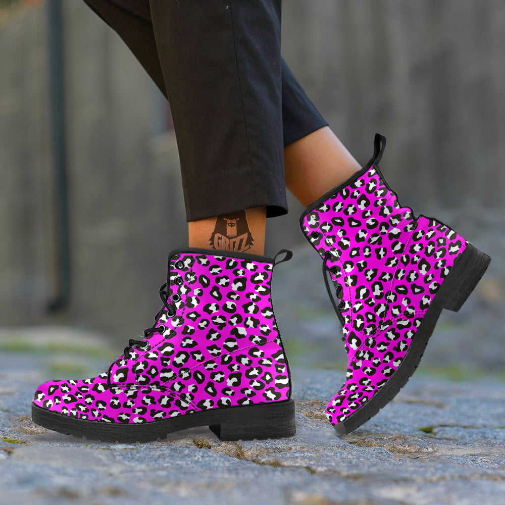 Pink Leopard Print Pattern Leather Boots-grizzshop