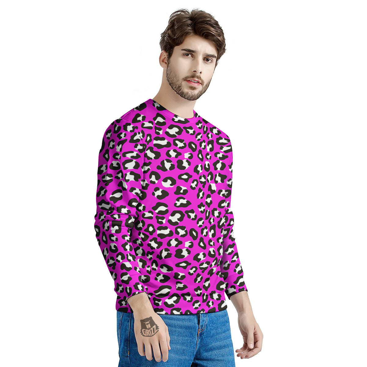 Pink Leopard Print Pattern Men's Sweatshirt-grizzshop
