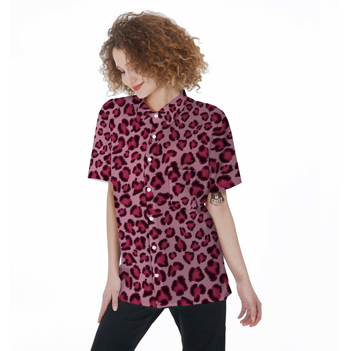 Pink Leopard Print Women's Short Sleeve Shirts-grizzshop