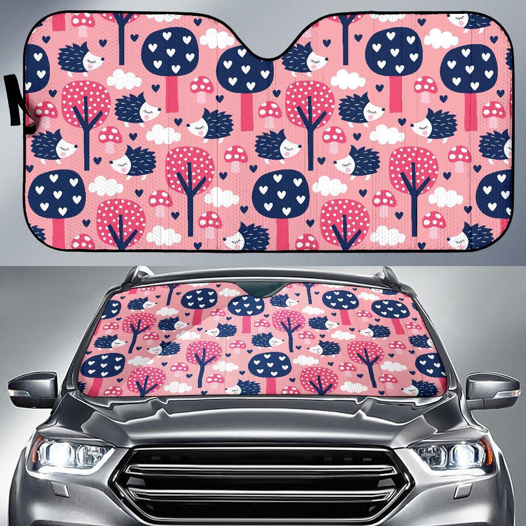 Pink Mushroom Three Hedgehogs Car Sun Shade-grizzshop