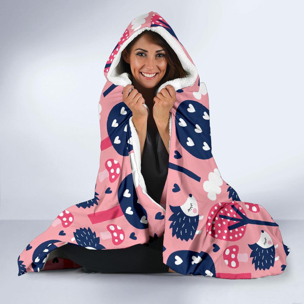 Pink Mushroom Three Hedgehogs Hooded Blanket-grizzshop