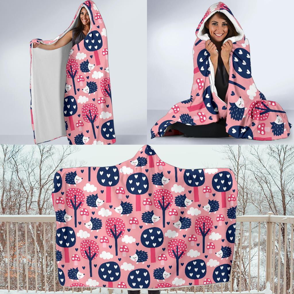 Pink Mushroom Three Hedgehogs Hooded Blanket-grizzshop