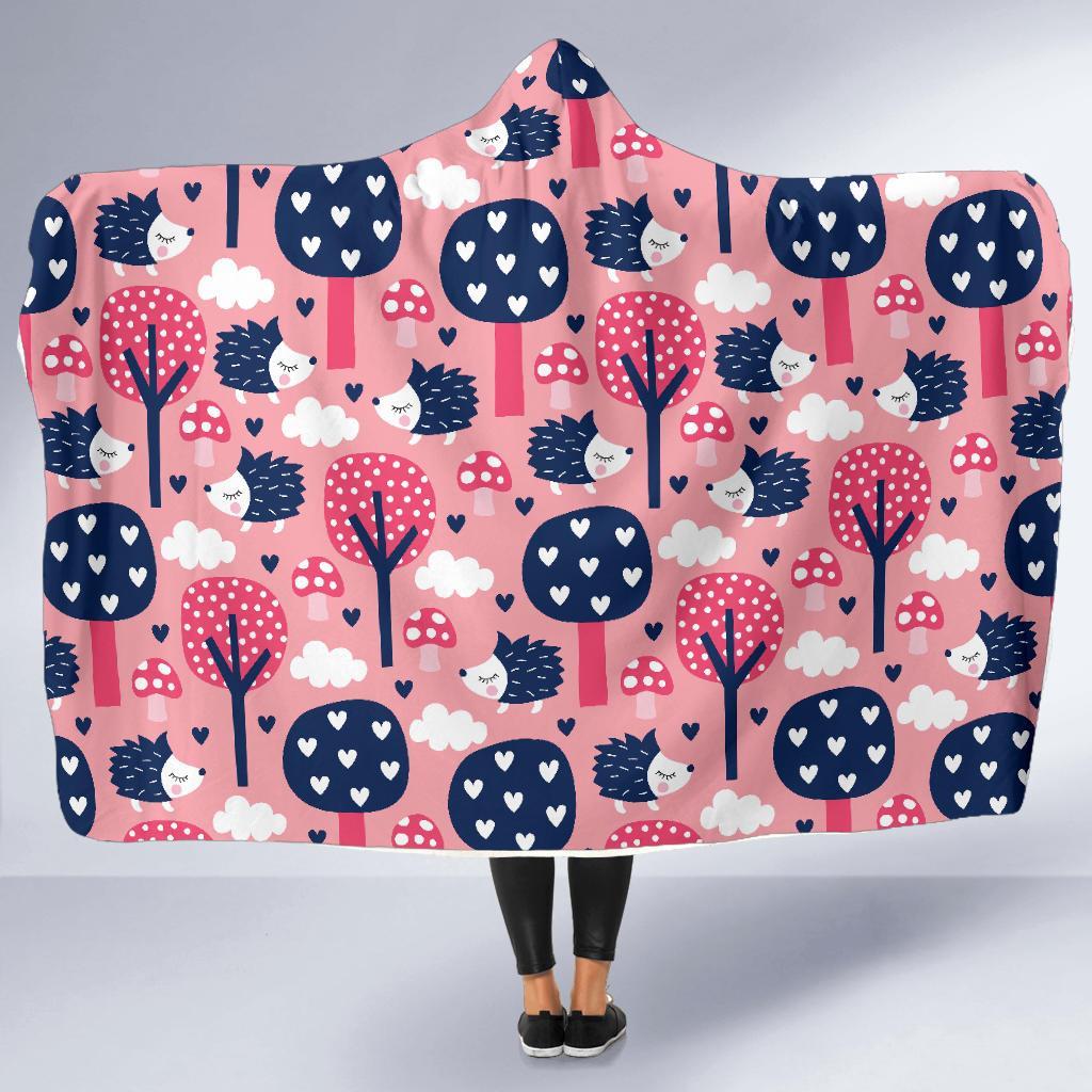 Pink Mushroom Three Hedgehogs Hooded Blanket-grizzshop