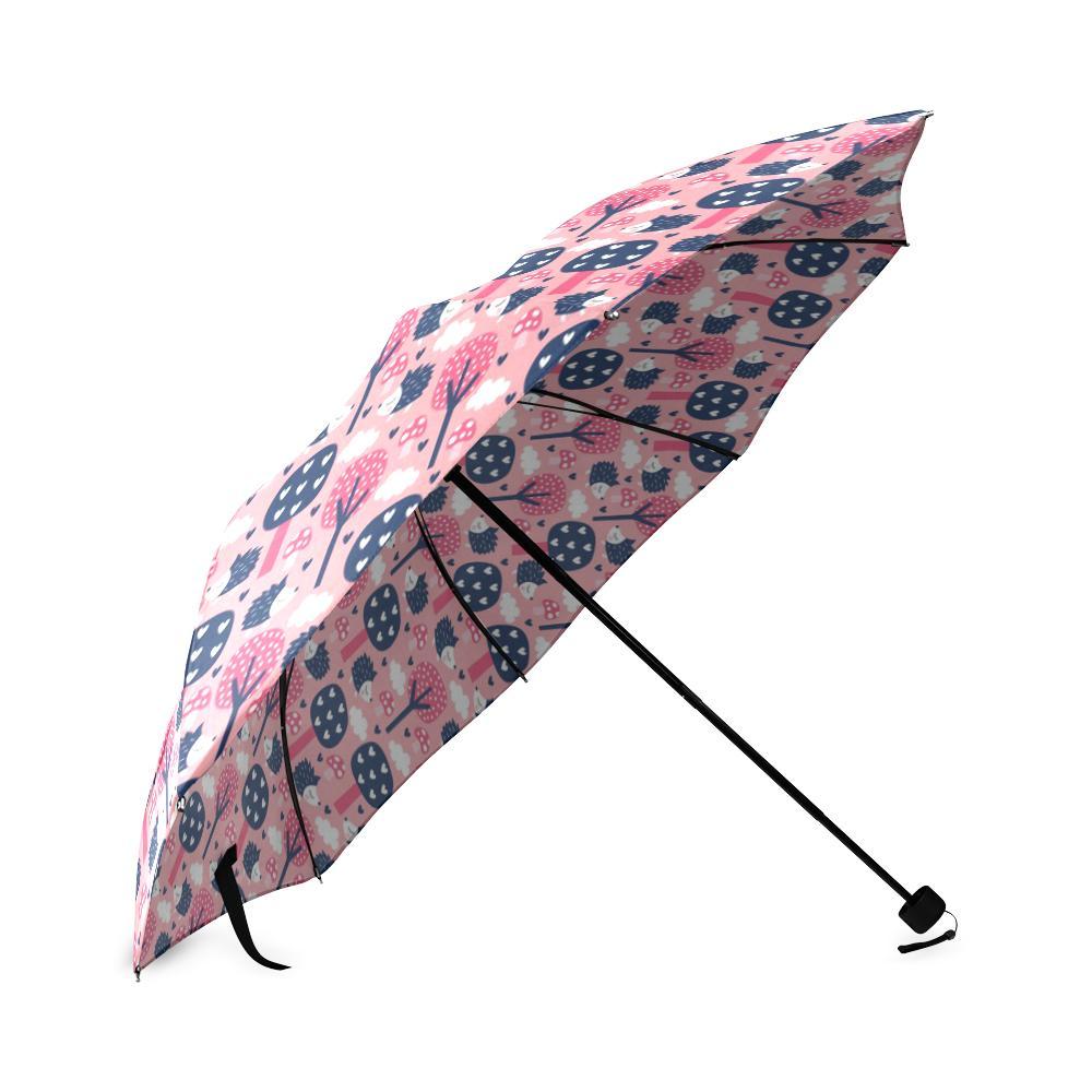 Pink Mushroom Three Hedgehogs Pattern Print Foldable Umbrella-grizzshop