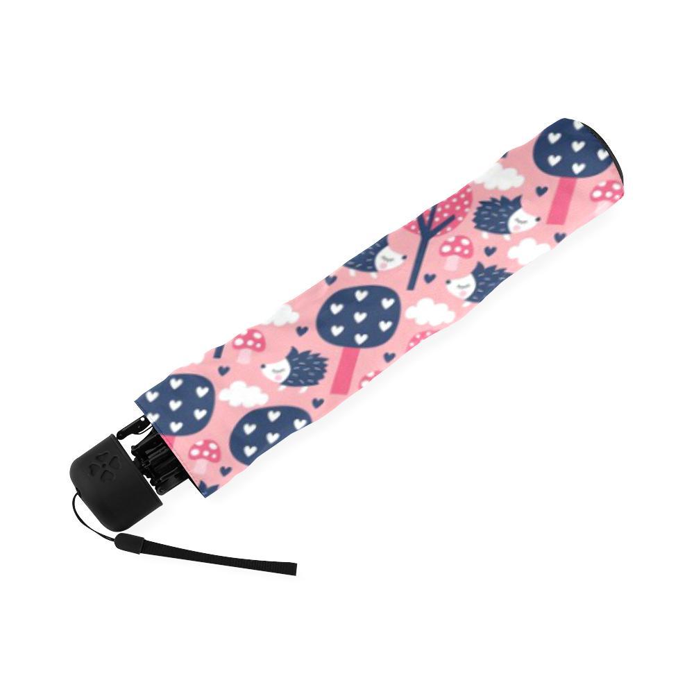 Pink Mushroom Three Hedgehogs Pattern Print Foldable Umbrella-grizzshop