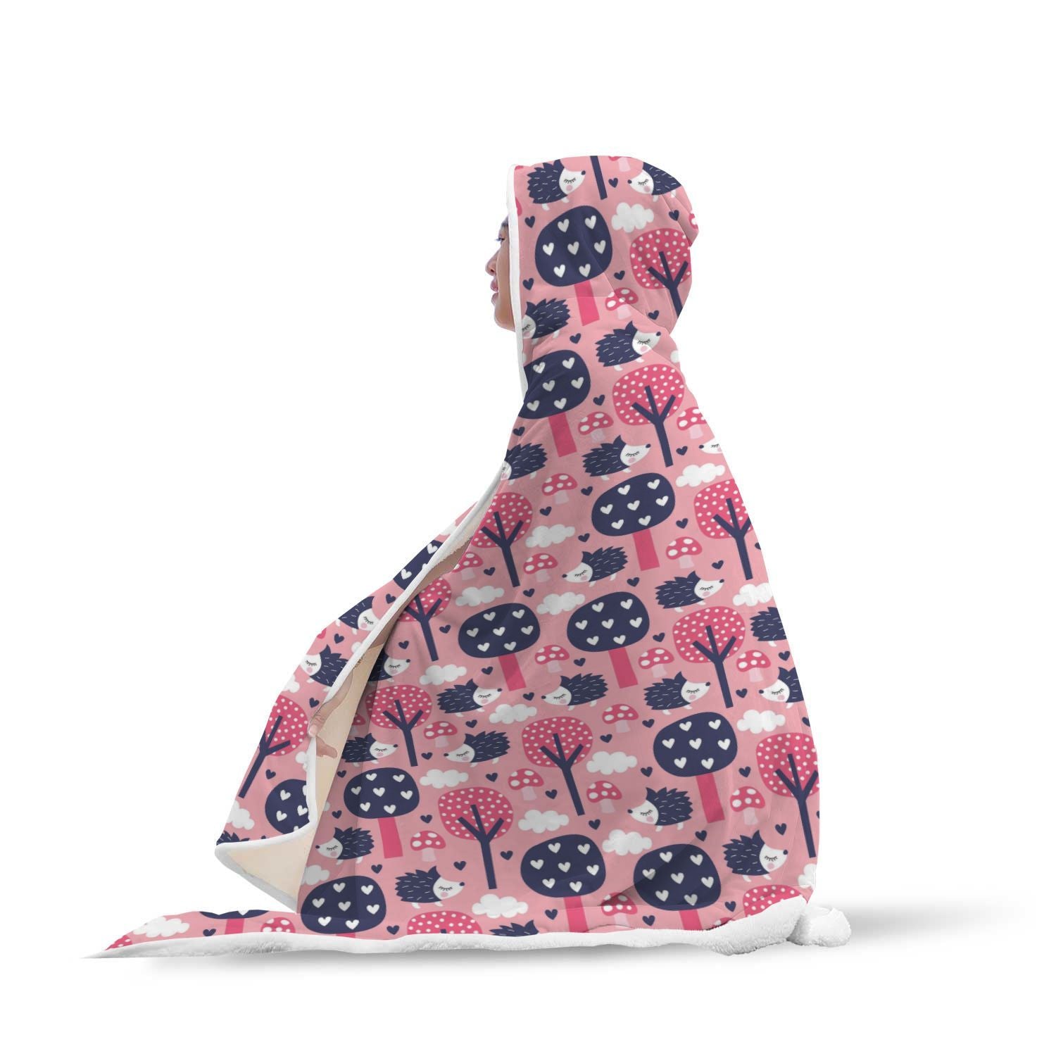 Pink Mushroom Three Hedgehogs Pattern Print Hooded Blanket-grizzshop