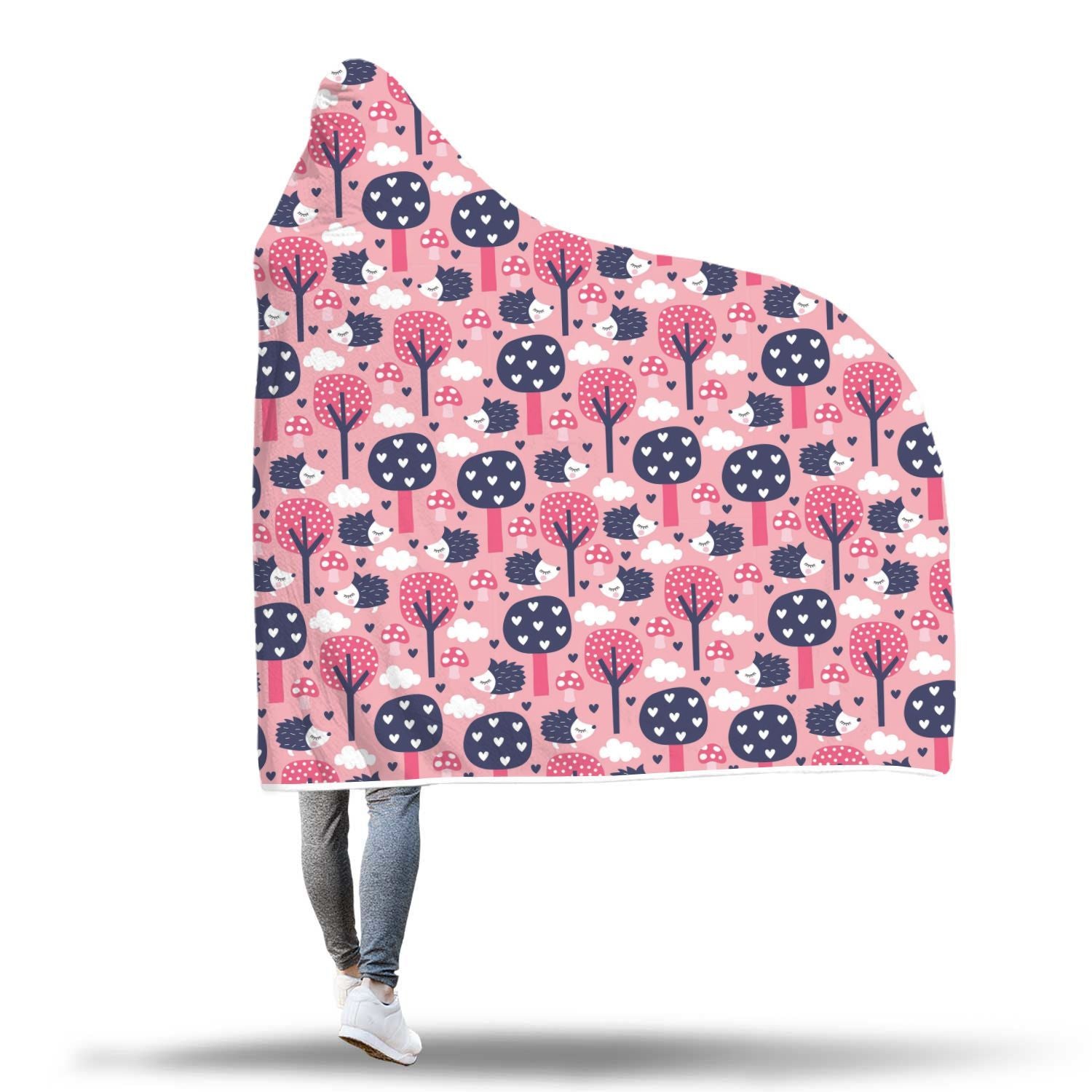 Pink Mushroom Three Hedgehogs Pattern Print Hooded Blanket-grizzshop
