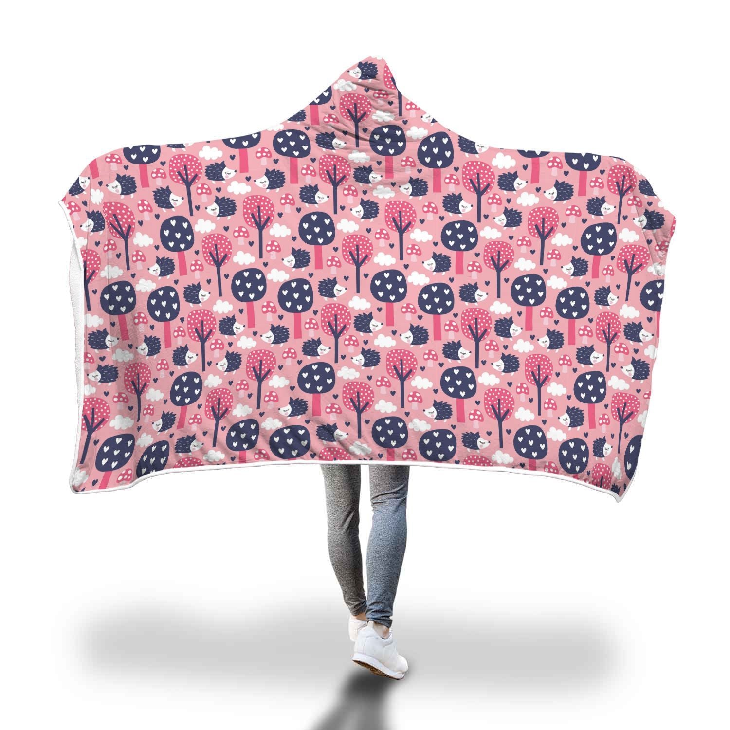 Pink Mushroom Three Hedgehogs Pattern Print Hooded Blanket-grizzshop