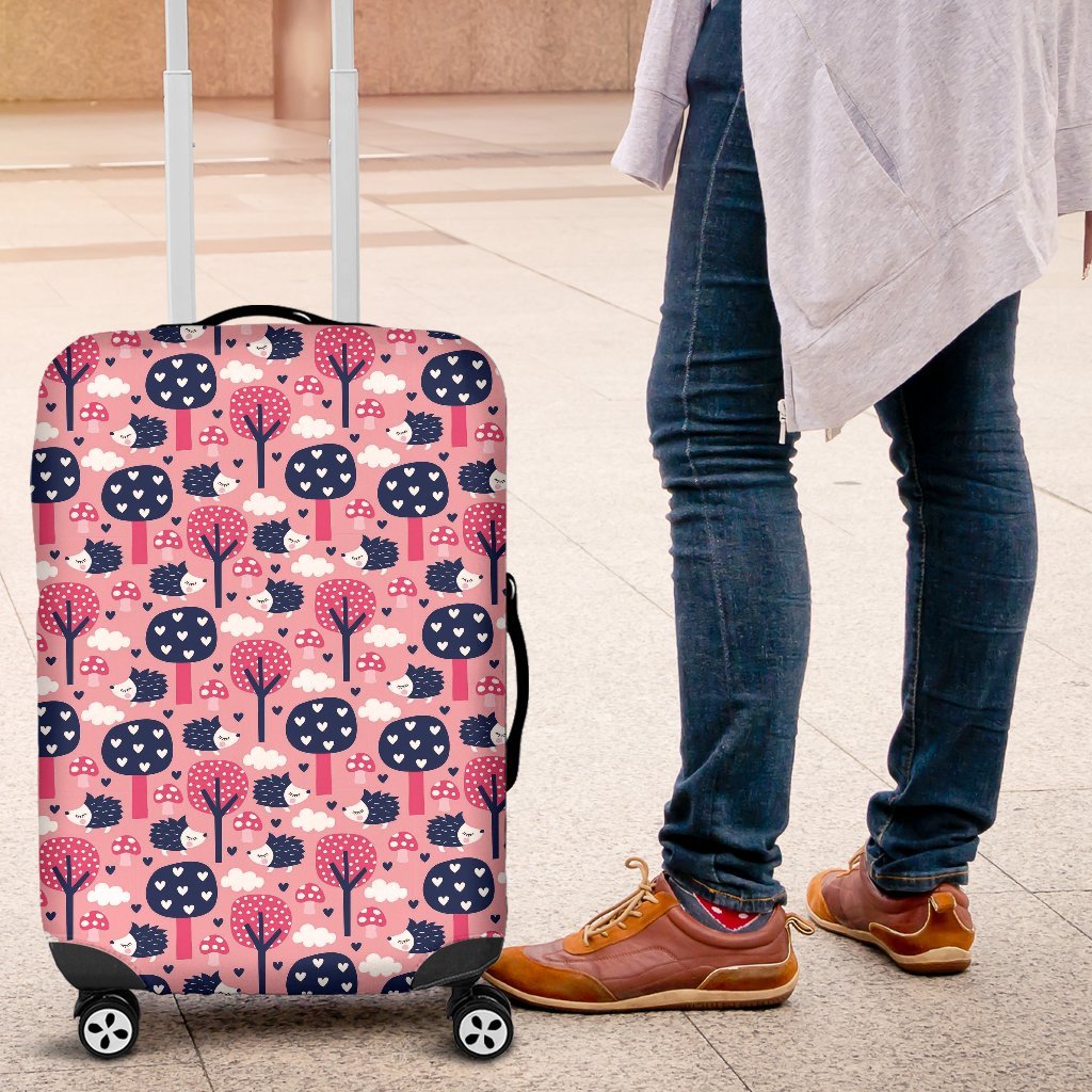 Pink Mushroom Three Hedgehogs Pattern Print Luggage Cover Protector-grizzshop