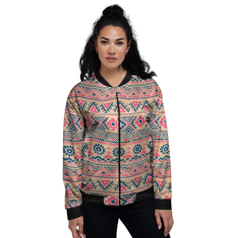 Pink Native Tribal Print Pattern Women's Bomber Jacket-grizzshop