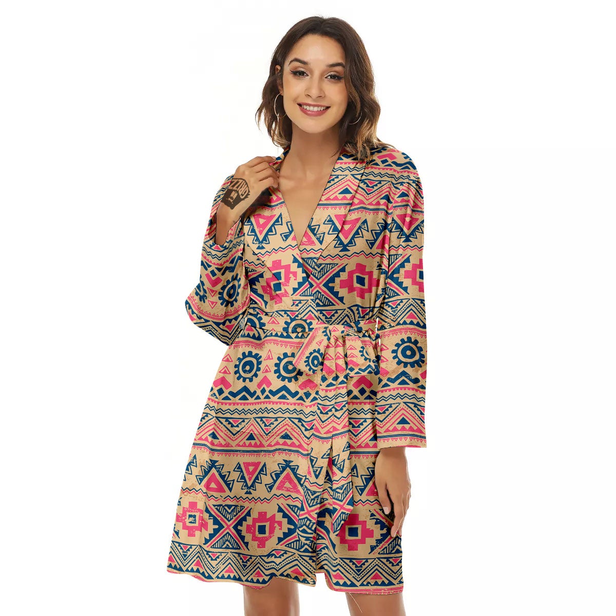 Pink Native Tribal Print Pattern Women's Robe-grizzshop