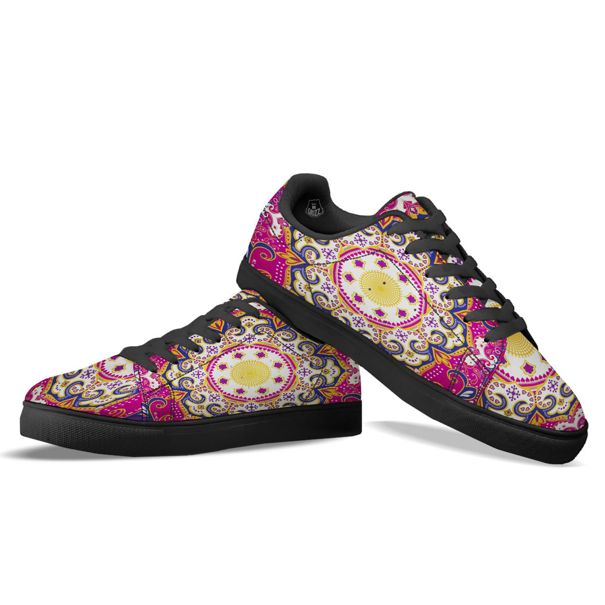 Pink Paisley And Mandala Print Black Low Top Sneakers-grizzshop