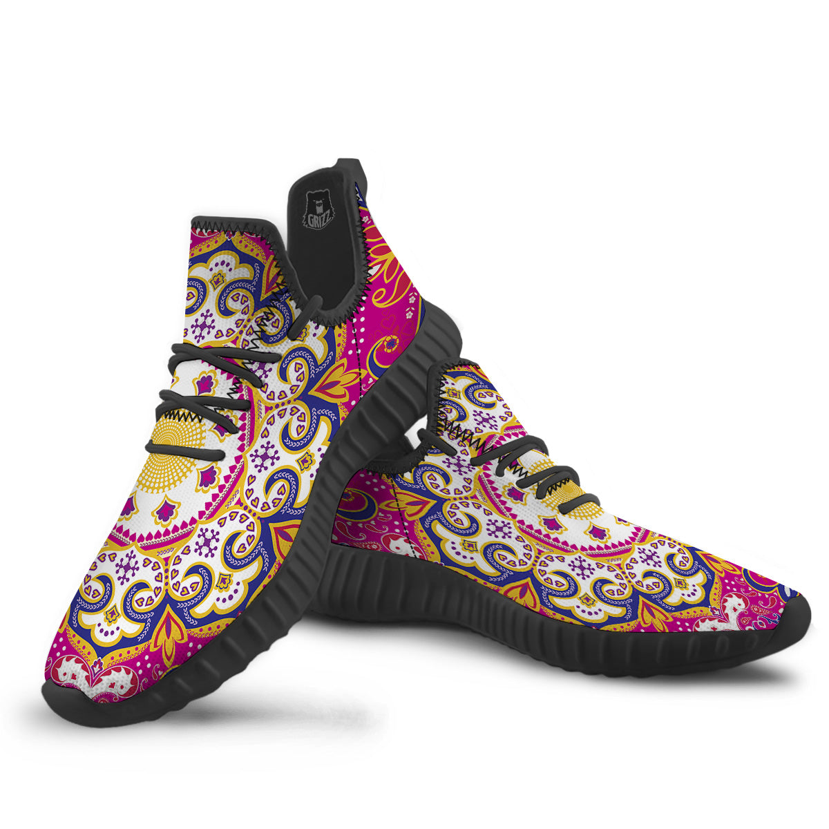 Pink Paisley And Mandala Print Black Walking Shoes-grizzshop