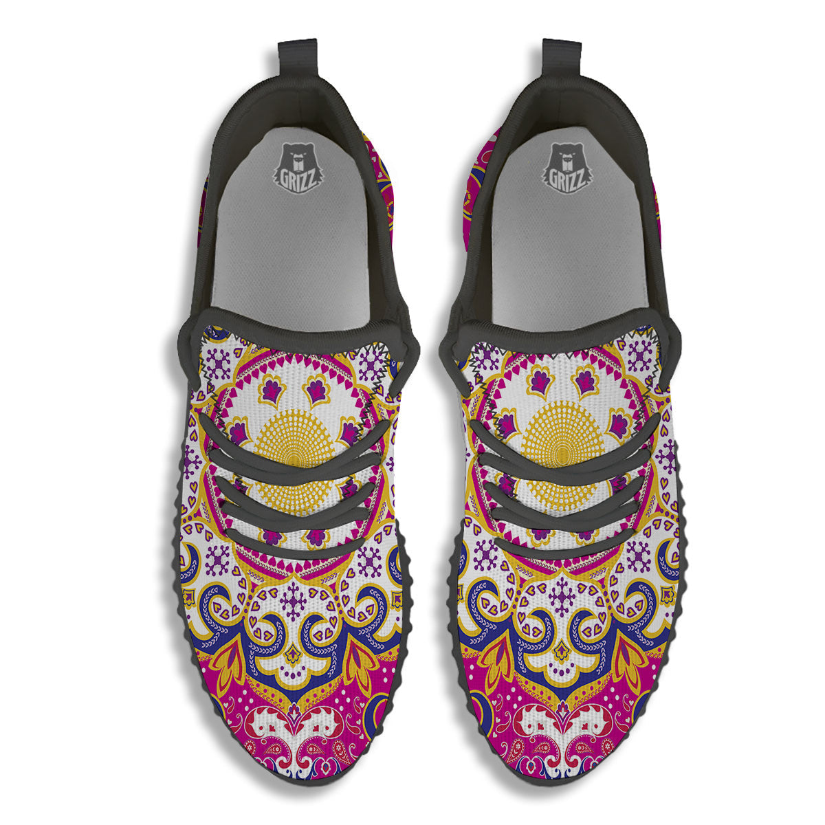 Pink Paisley And Mandala Print Black Walking Shoes-grizzshop