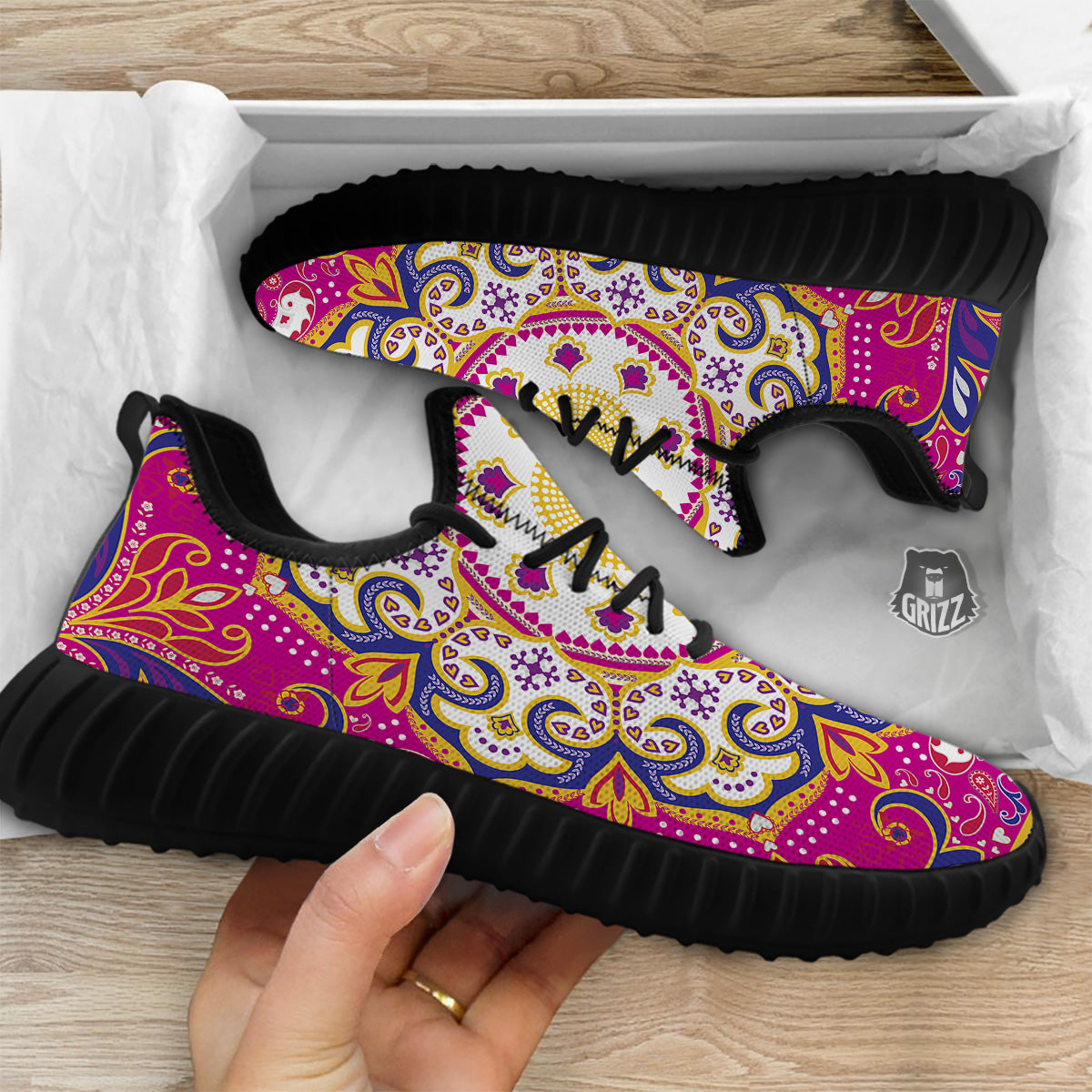 Pink Paisley And Mandala Print Black Walking Shoes-grizzshop