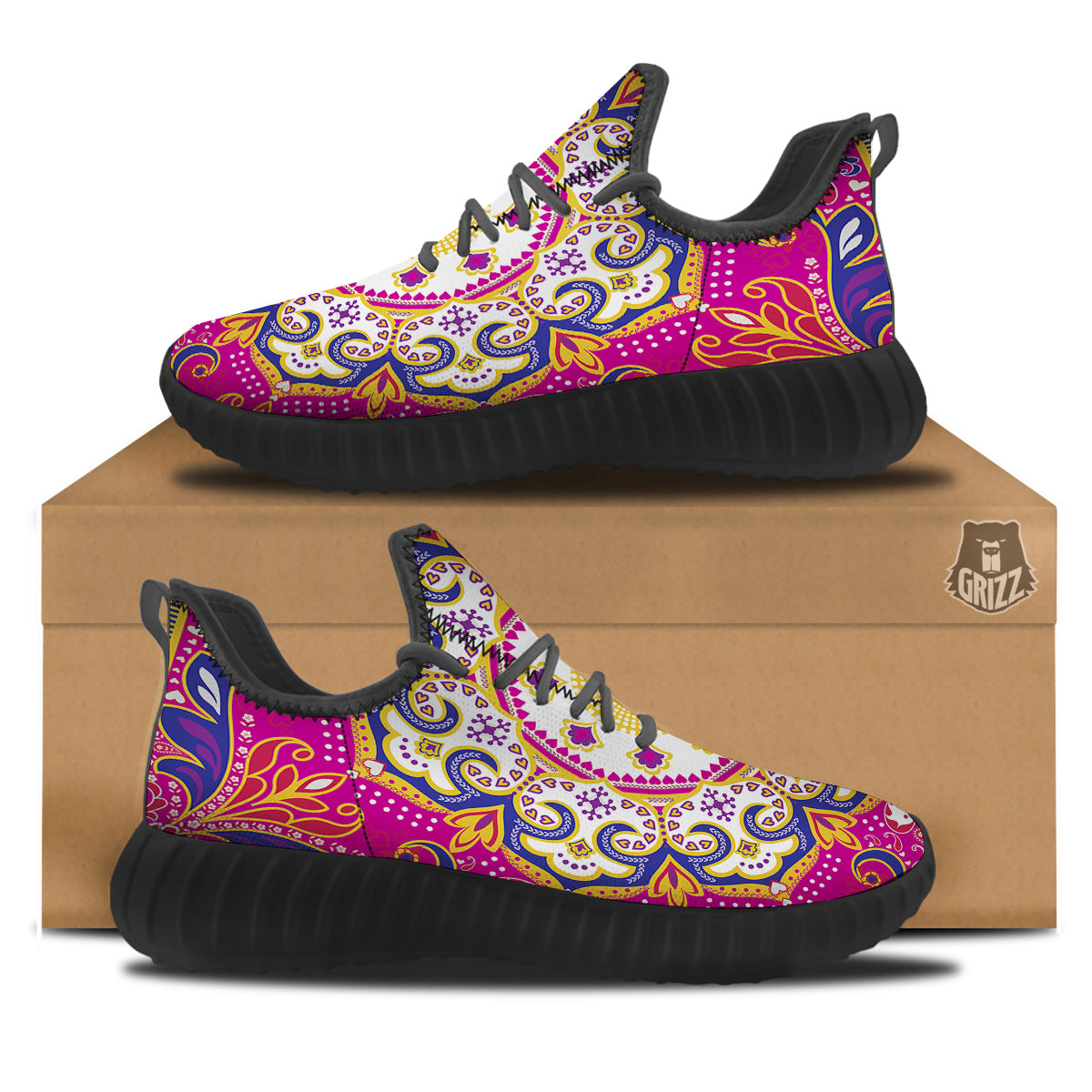 Pink Paisley And Mandala Print Black Walking Shoes-grizzshop