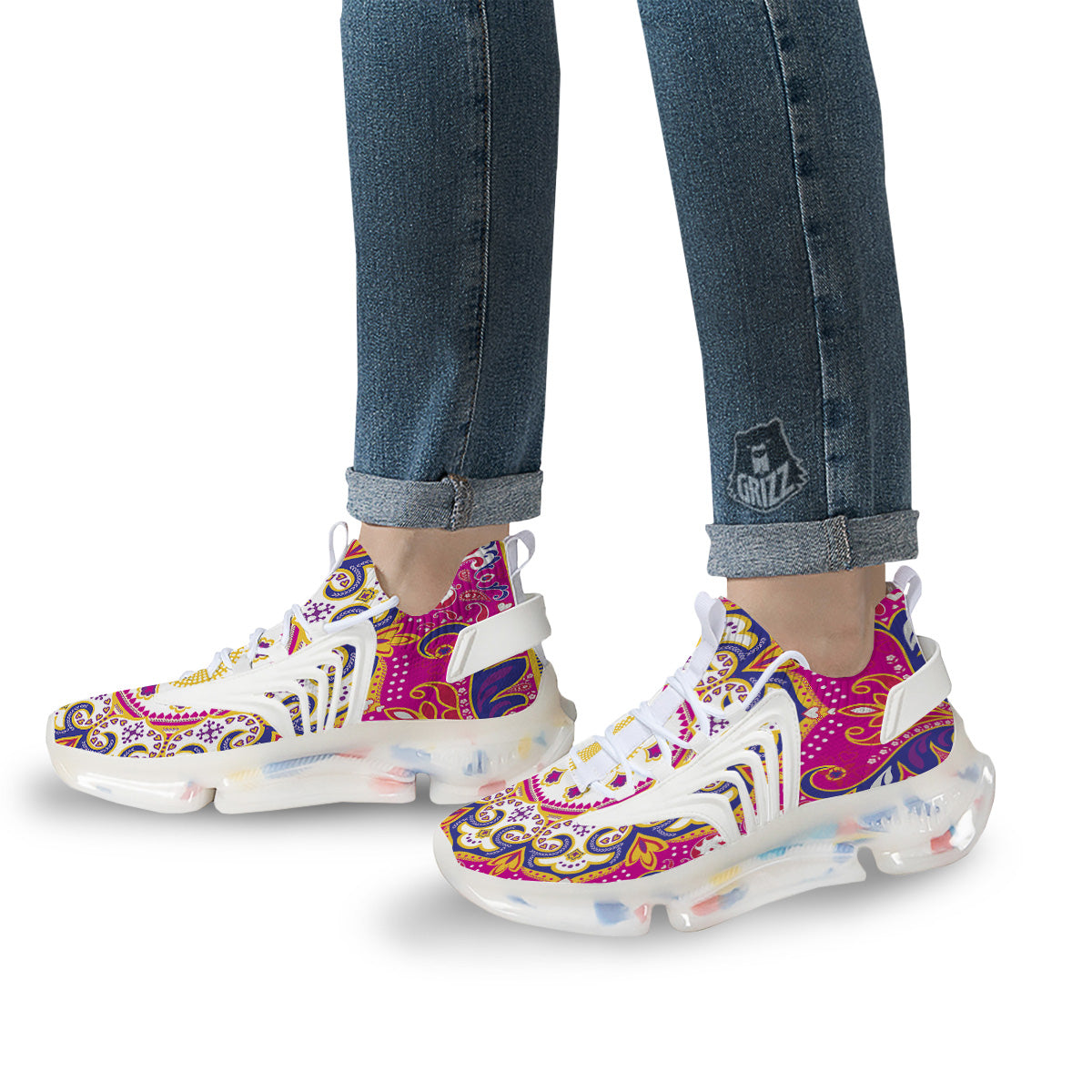 Pink Paisley And Mandala Print White Gym Shoes-grizzshop