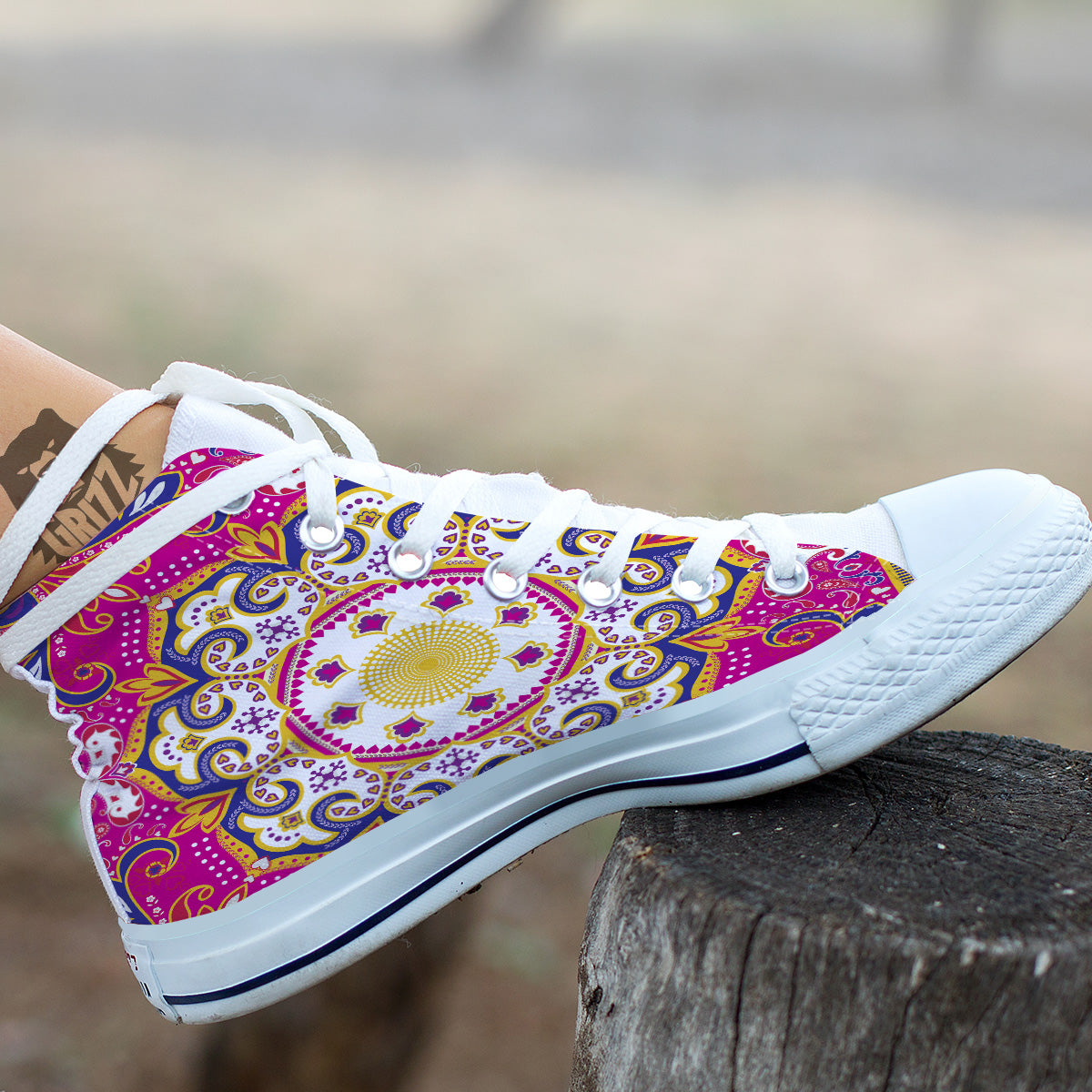 Pink Paisley And Mandala Print White High Top Shoes-grizzshop