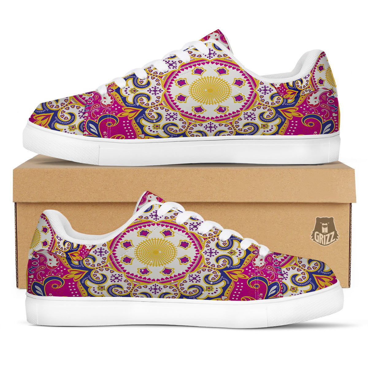 Pink Paisley And Mandala Print White Low Top Sneakers-grizzshop