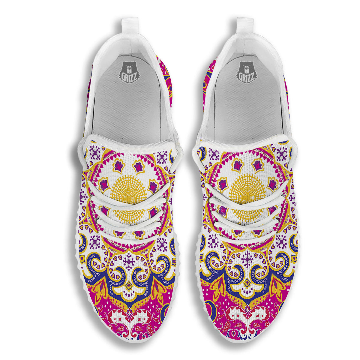 Pink Paisley And Mandala Print White Walking Shoes-grizzshop