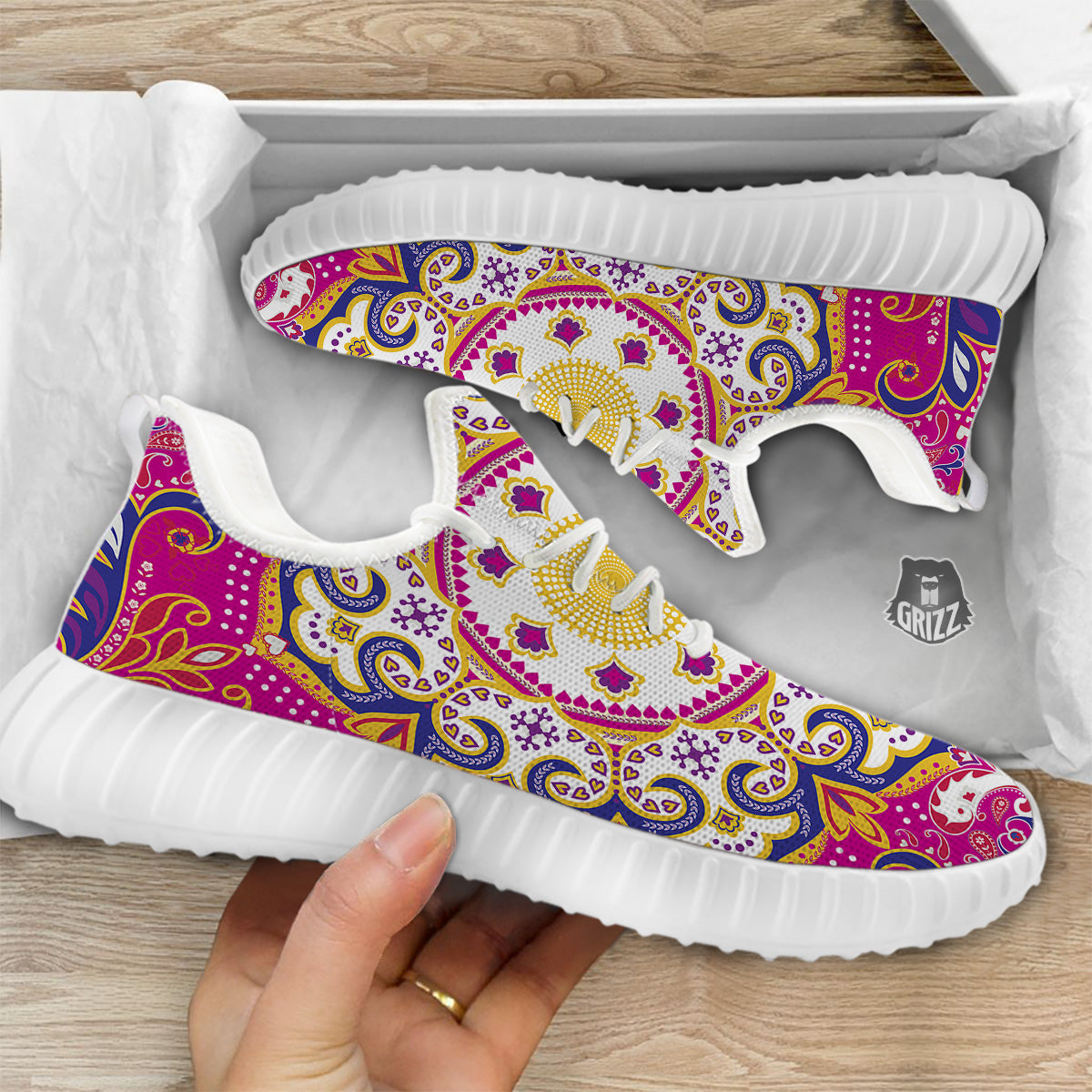 Pink Paisley And Mandala Print White Walking Shoes-grizzshop