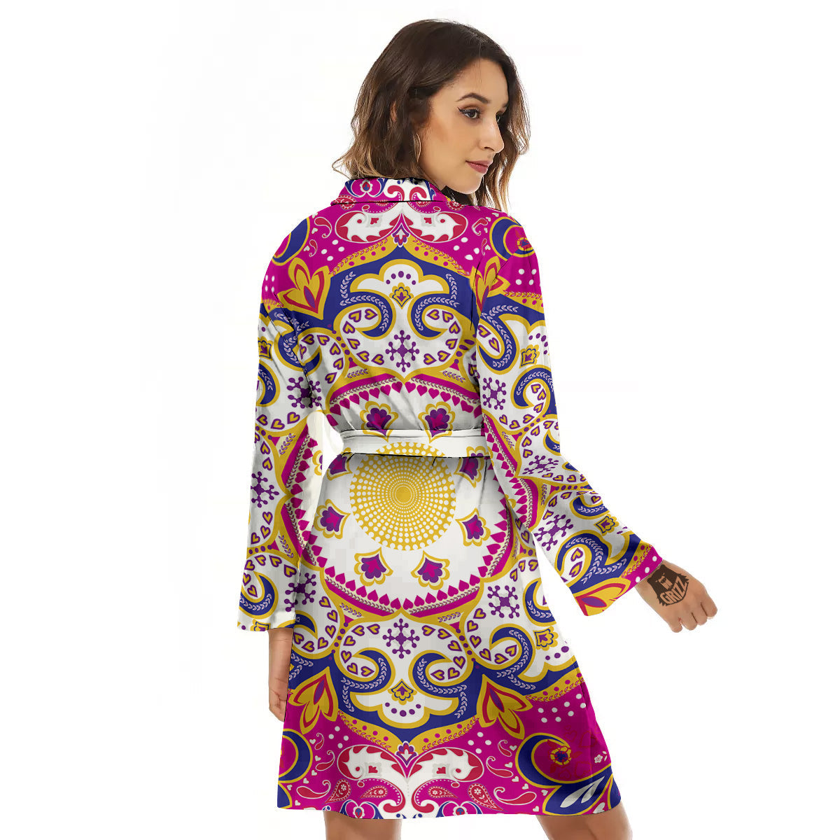 Pink Paisley And Mandala Print Women's Robe-grizzshop