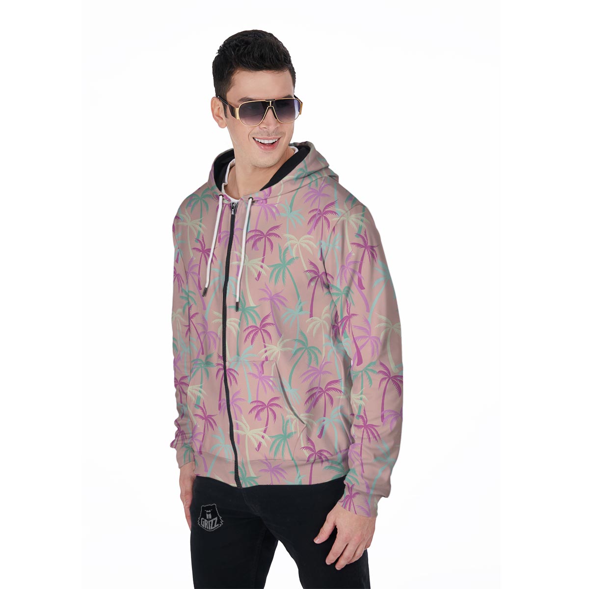 Pink Palm Tree Hawaiian Print Men's Zip Up Hoodie-grizzshop