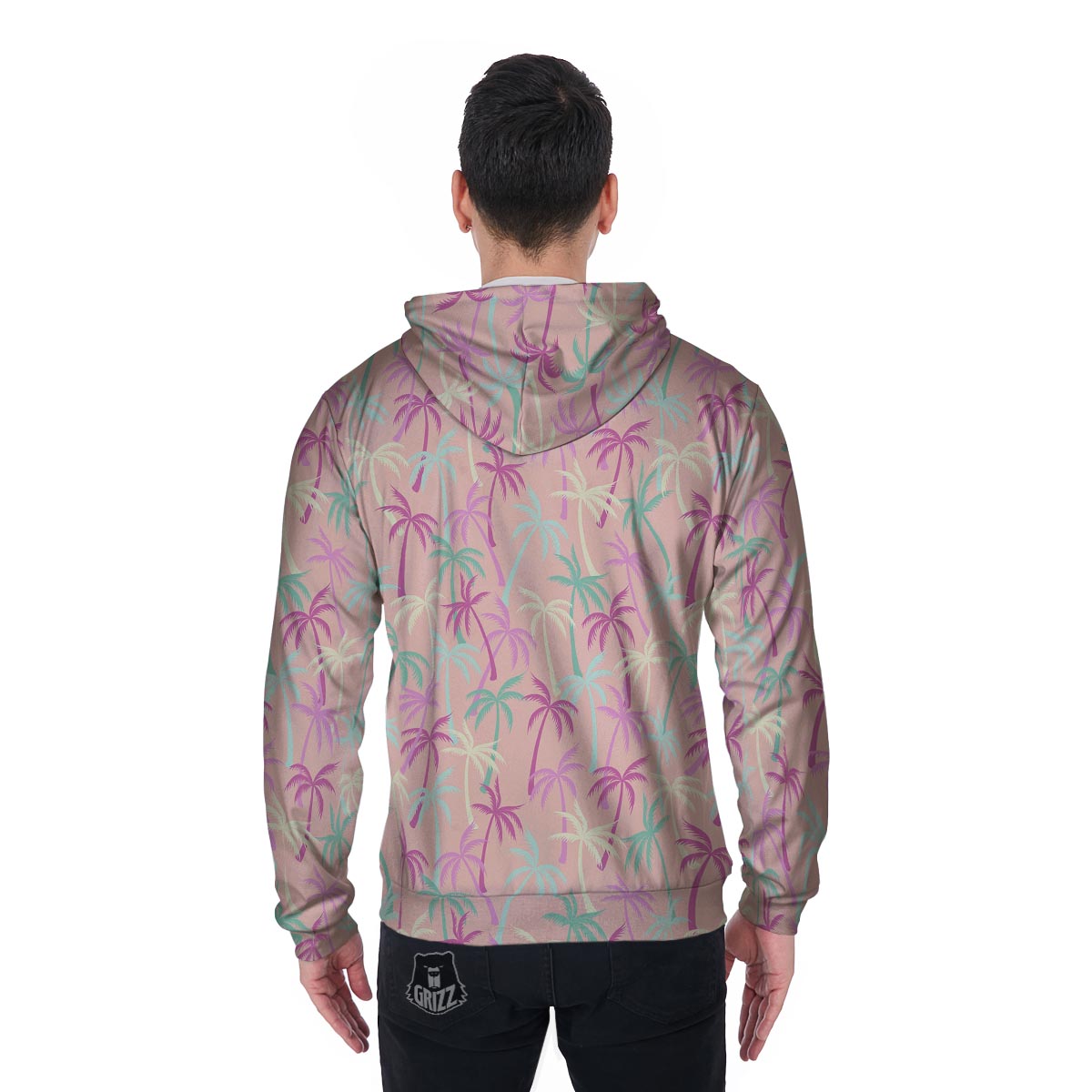 Pink Palm Tree Hawaiian Print Men's Zip Up Hoodie-grizzshop