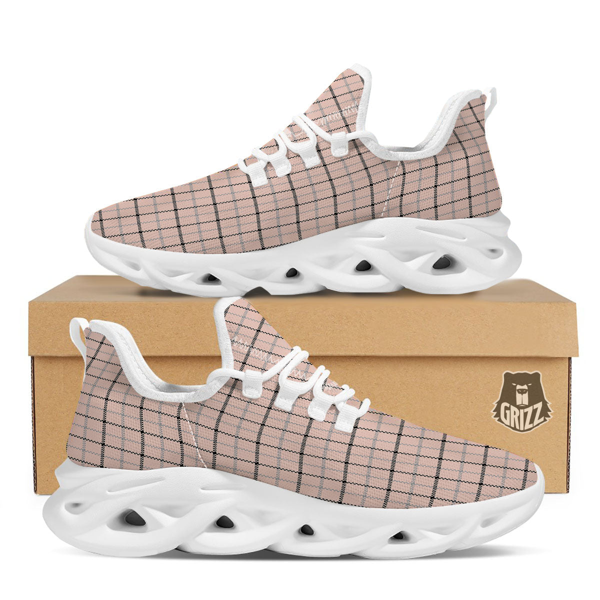 Pink Pastel And Black Tattersall Print White Running Shoes-grizzshop