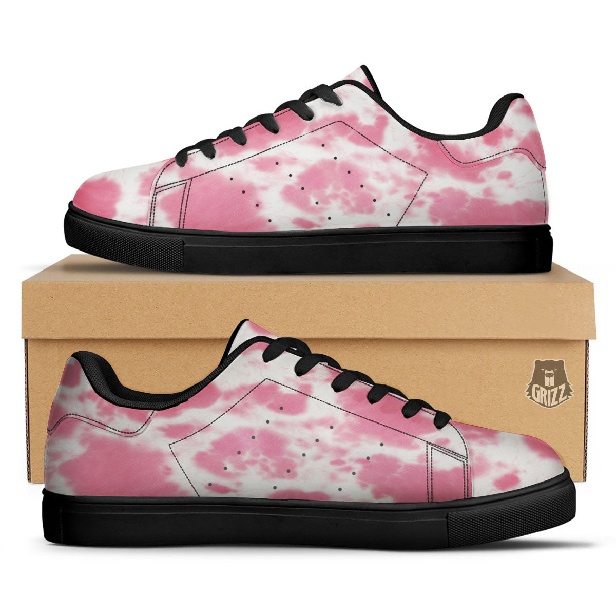 Pink Pastel And White Cow Print Black Low Top Sneakers-grizzshop
