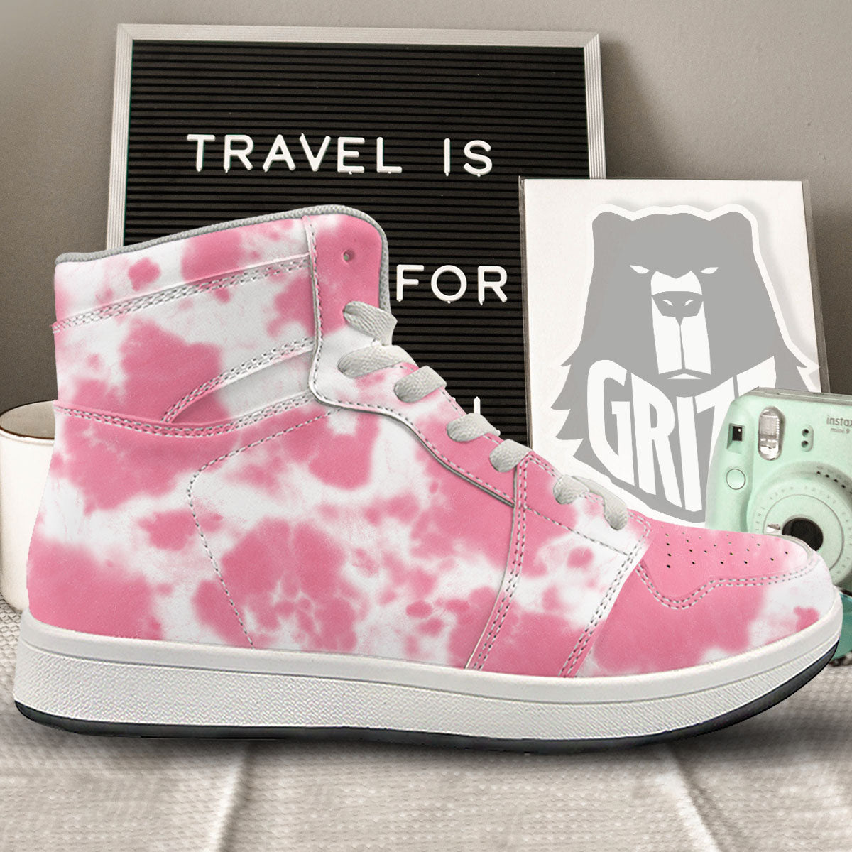 Pink Pastel And White Cow Print High Top Sneakers-grizzshop