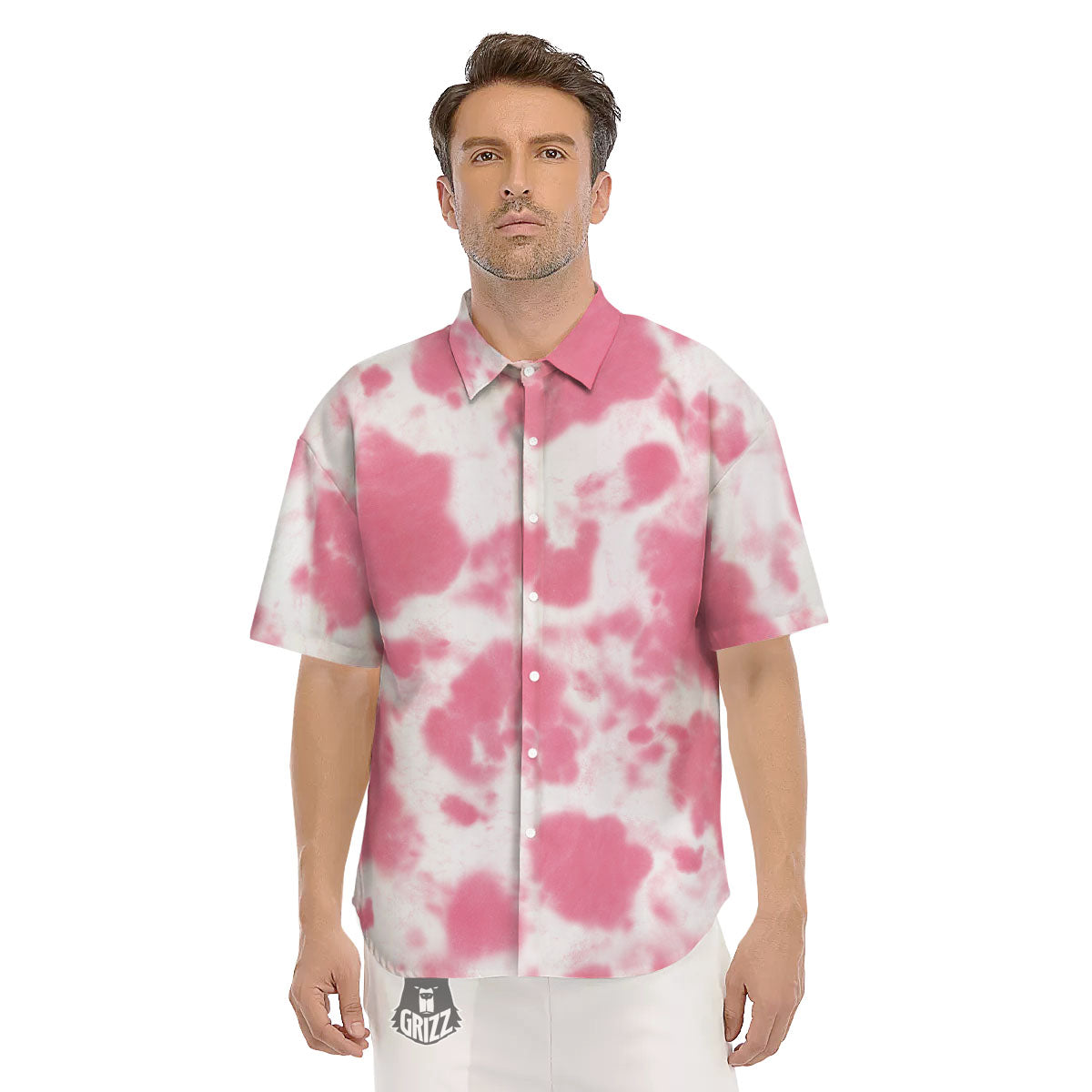 Pink Pastel And White Cow Print Men's Short Sleeve Shirts-grizzshop