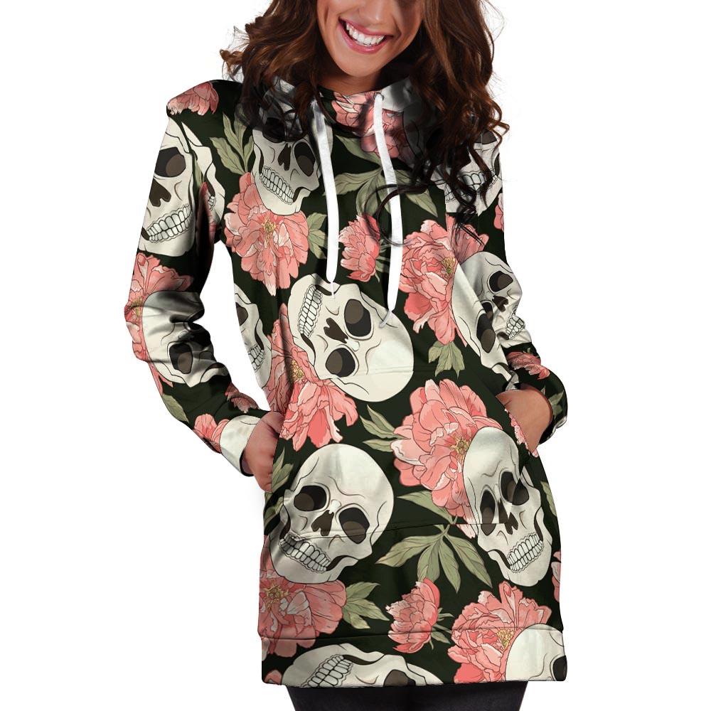 Pink Peony Skull Hoodie Dress-grizzshop