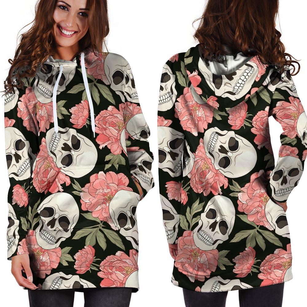 Pink Peony Skull Hoodie Dress-grizzshop