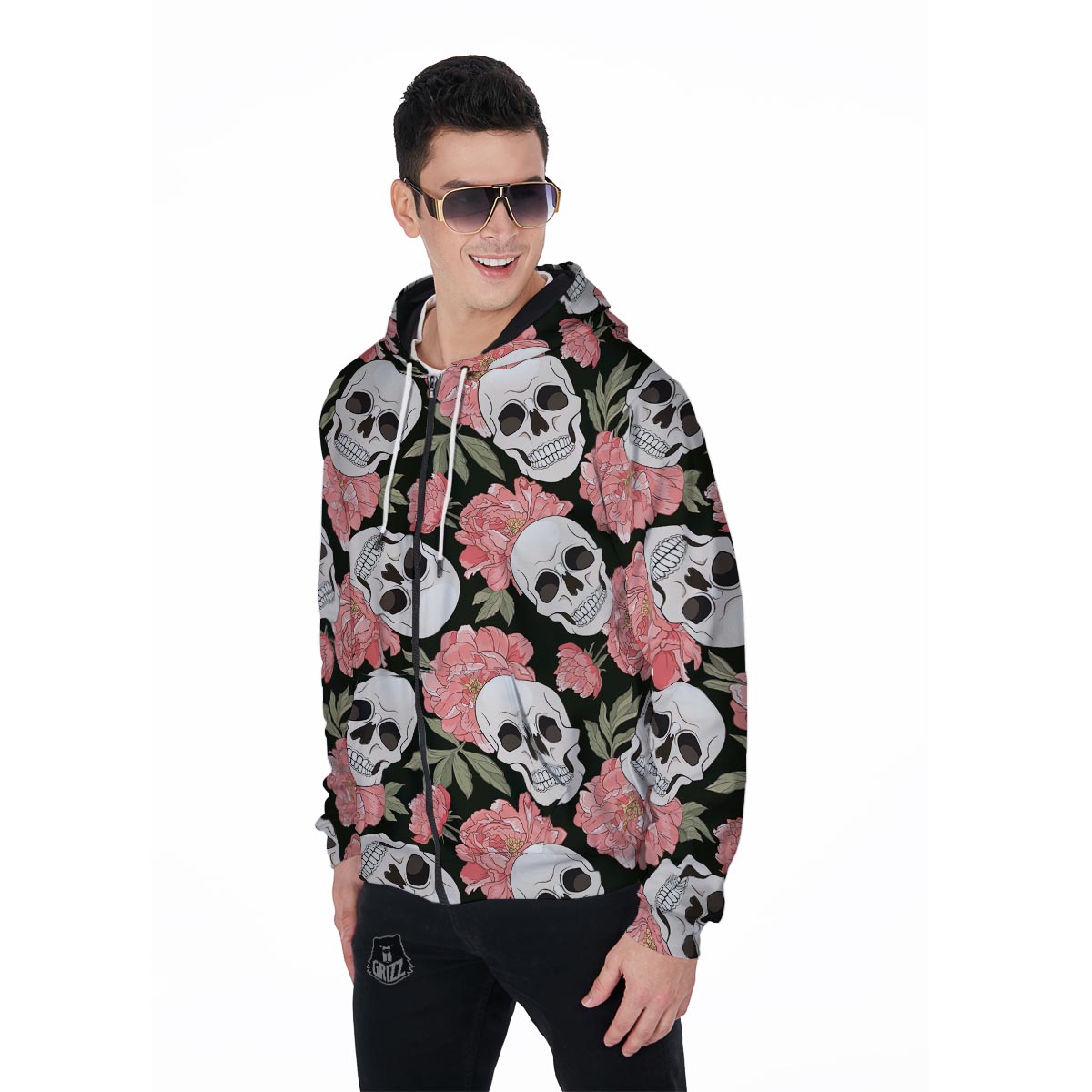 Pink Peony Skull Men's Zip Up Hoodie-grizzshop